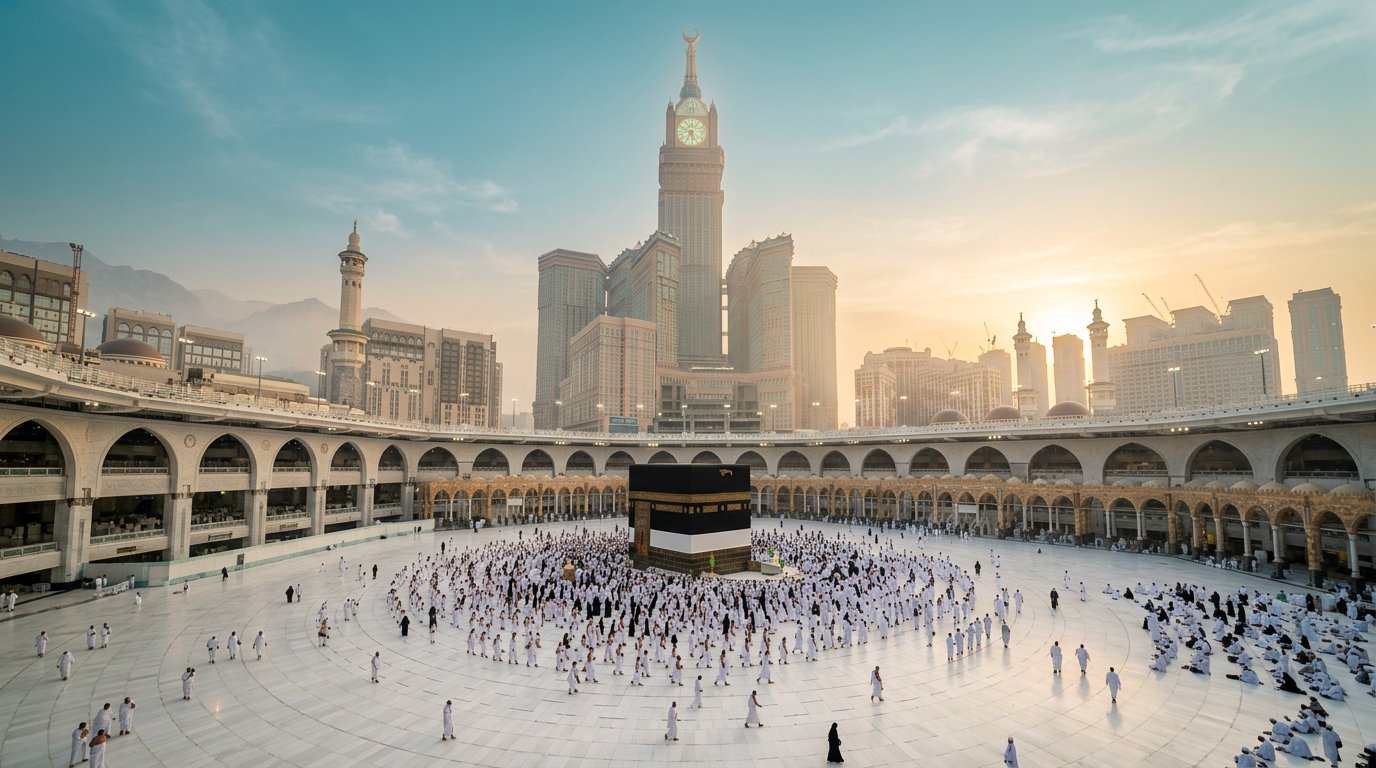 Ka'bah di Masjidil Haram, Makkah, dengan Menara Jam di latar belakang